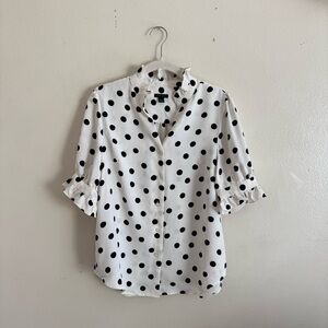Ann Taylor Polka Dot Ruffle Button Down Blouse White Black S